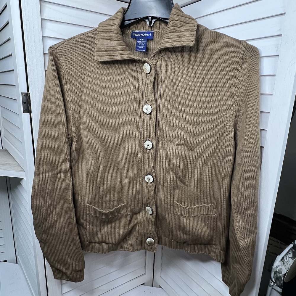 Vtg Splendor! 100% Cotton Cardigan Women's L Brown Button Front Made in Canada